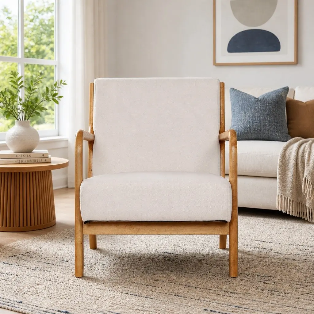 Beige Fabric Lounge Chair with Rubber Wood Legs