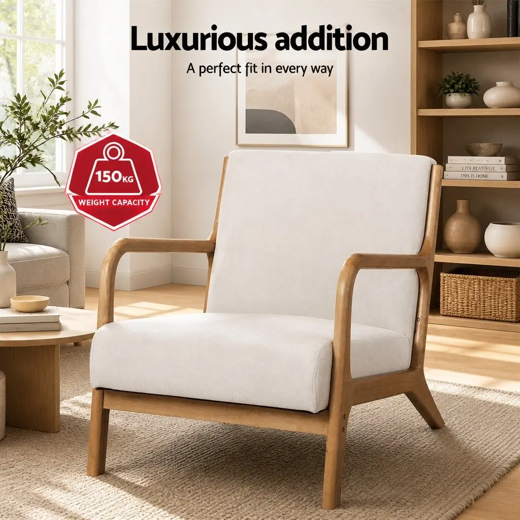 Beige Fabric Lounge Chair with Rubber Wood Legs