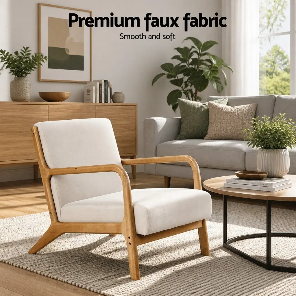 Beige Fabric Lounge Chair with Rubber Wood Legs