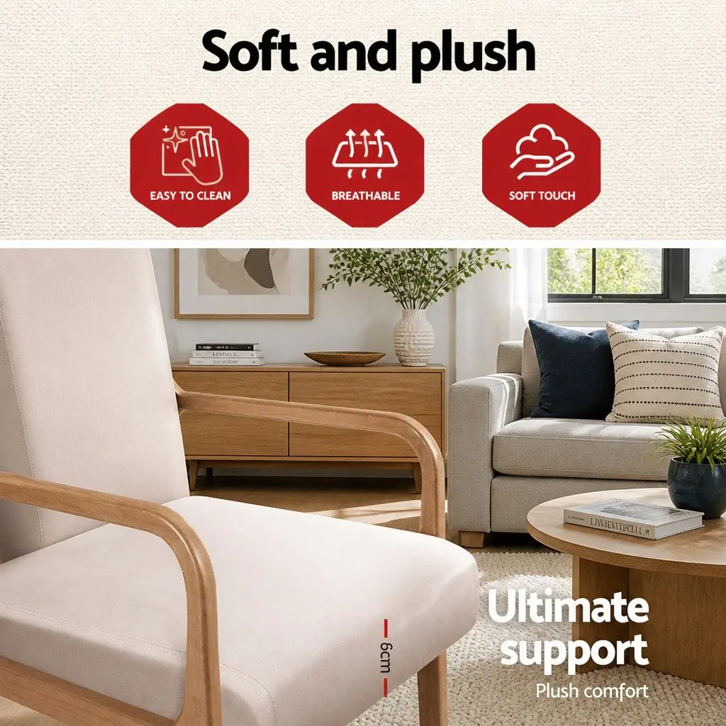 Beige Fabric Lounge Chair with Rubber Wood Legs