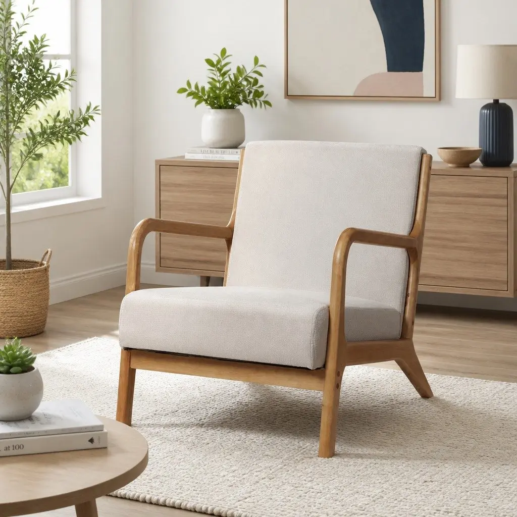 Beige Fabric Lounge Chair with Rubber Wood Legs