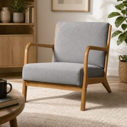 Light Grey Fabric Armchair with Rubber Wood Legs