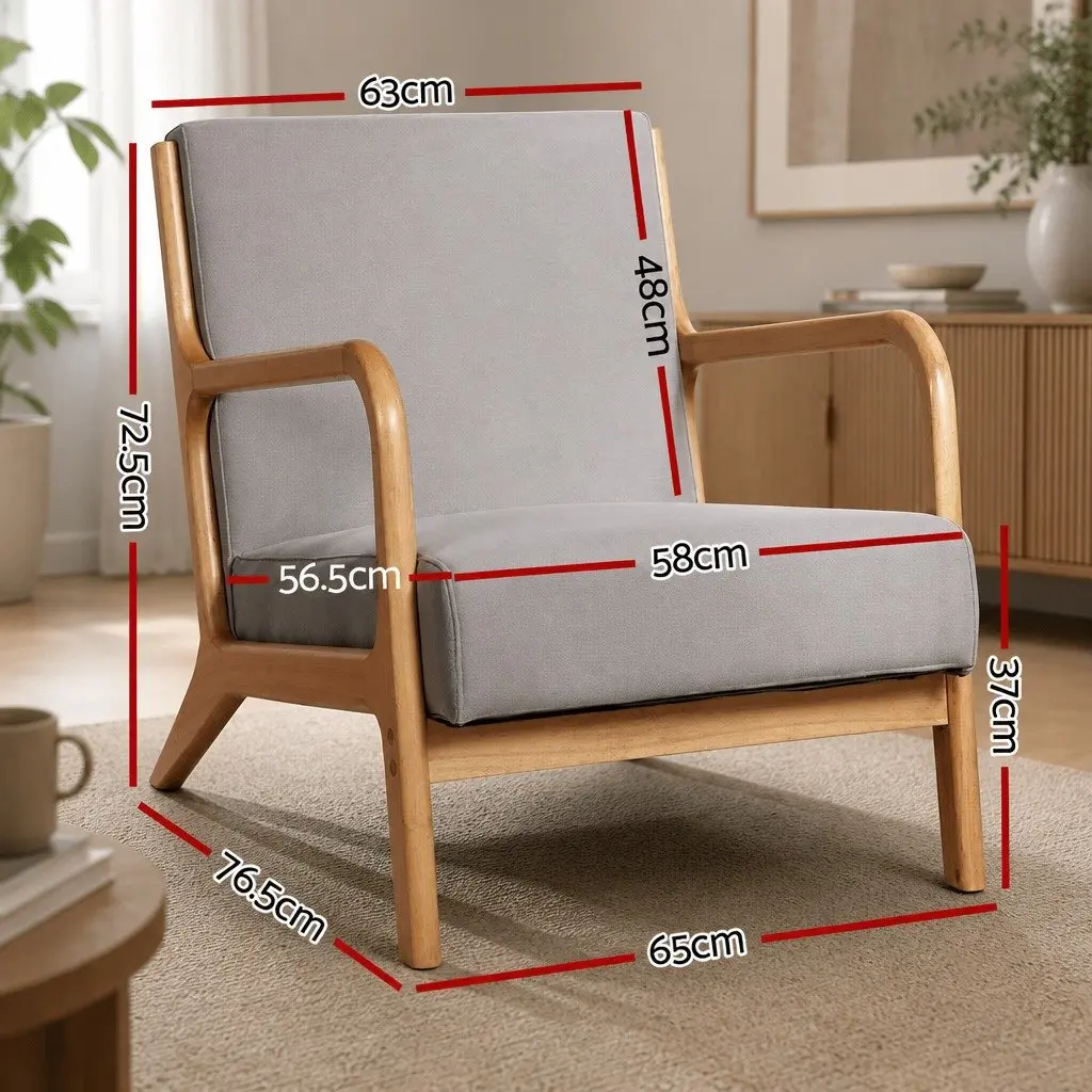 Light Grey Fabric Armchair with Rubber Wood Legs