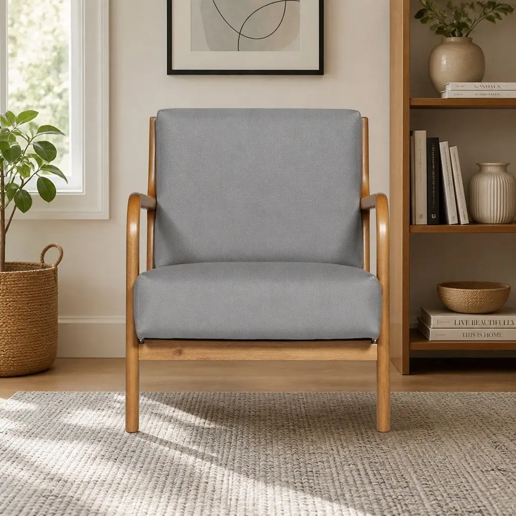 Light Grey Fabric Armchair with Rubber Wood Legs