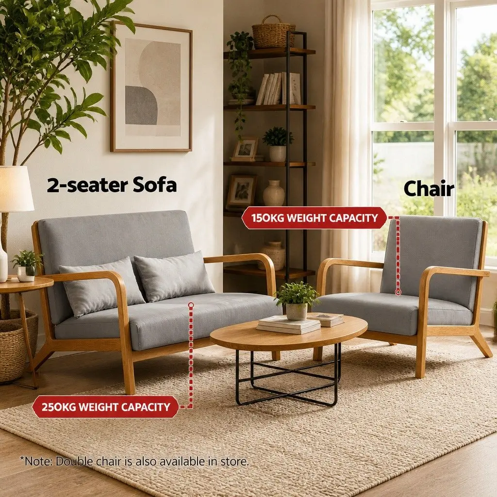 Light Grey Fabric Armchair with Rubber Wood Legs