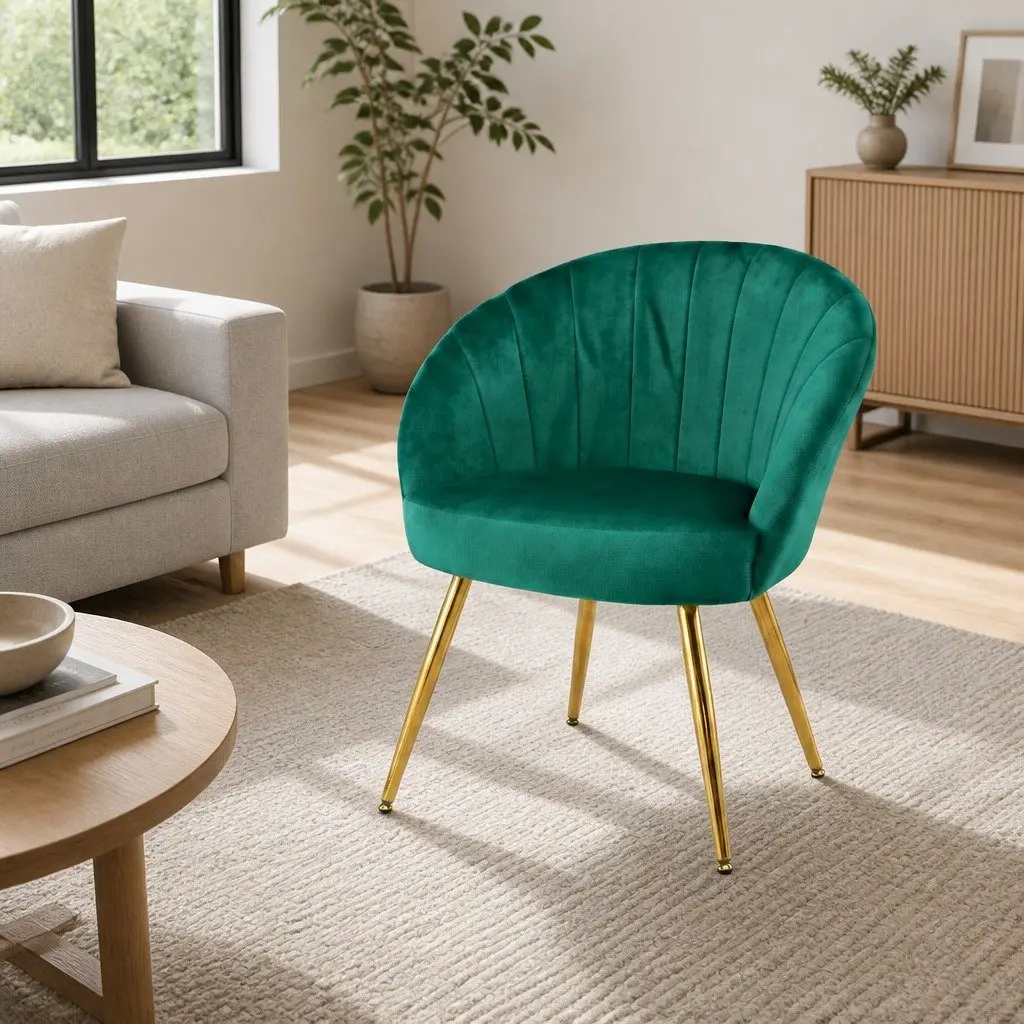 Green Velvet Armchair with Golden Legs High Resilience Foam Padded