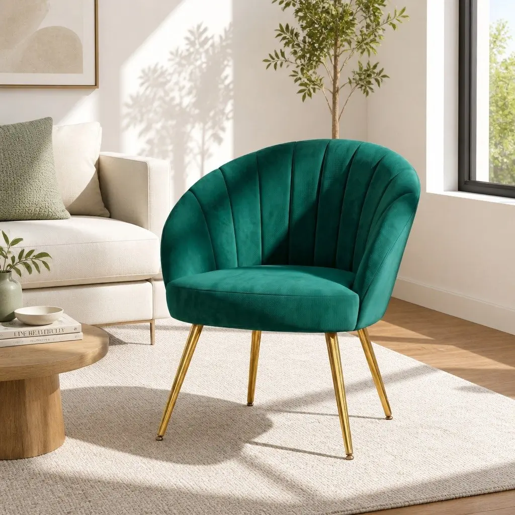 Green Velvet Armchair with Golden Legs High Resilience Foam Padded
