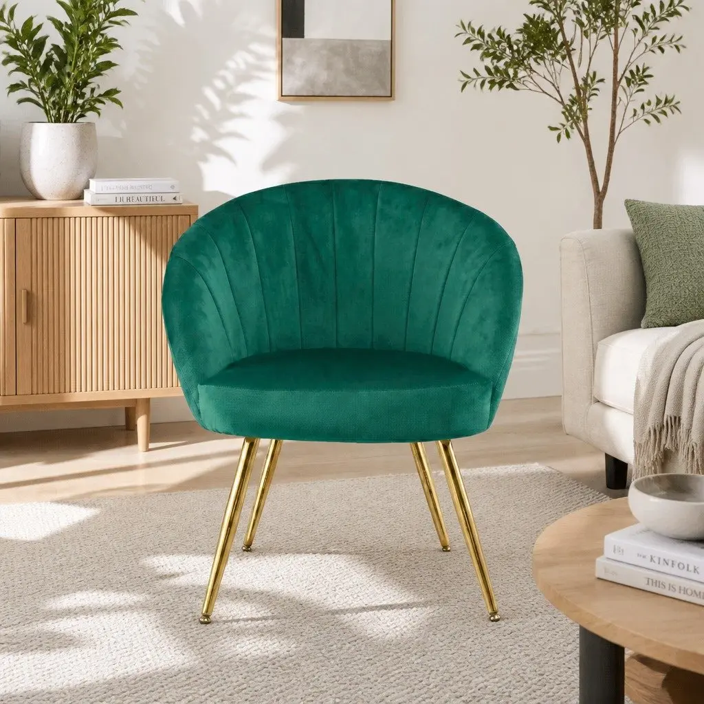 Green Velvet Armchair with Golden Legs High Resilience Foam Padded