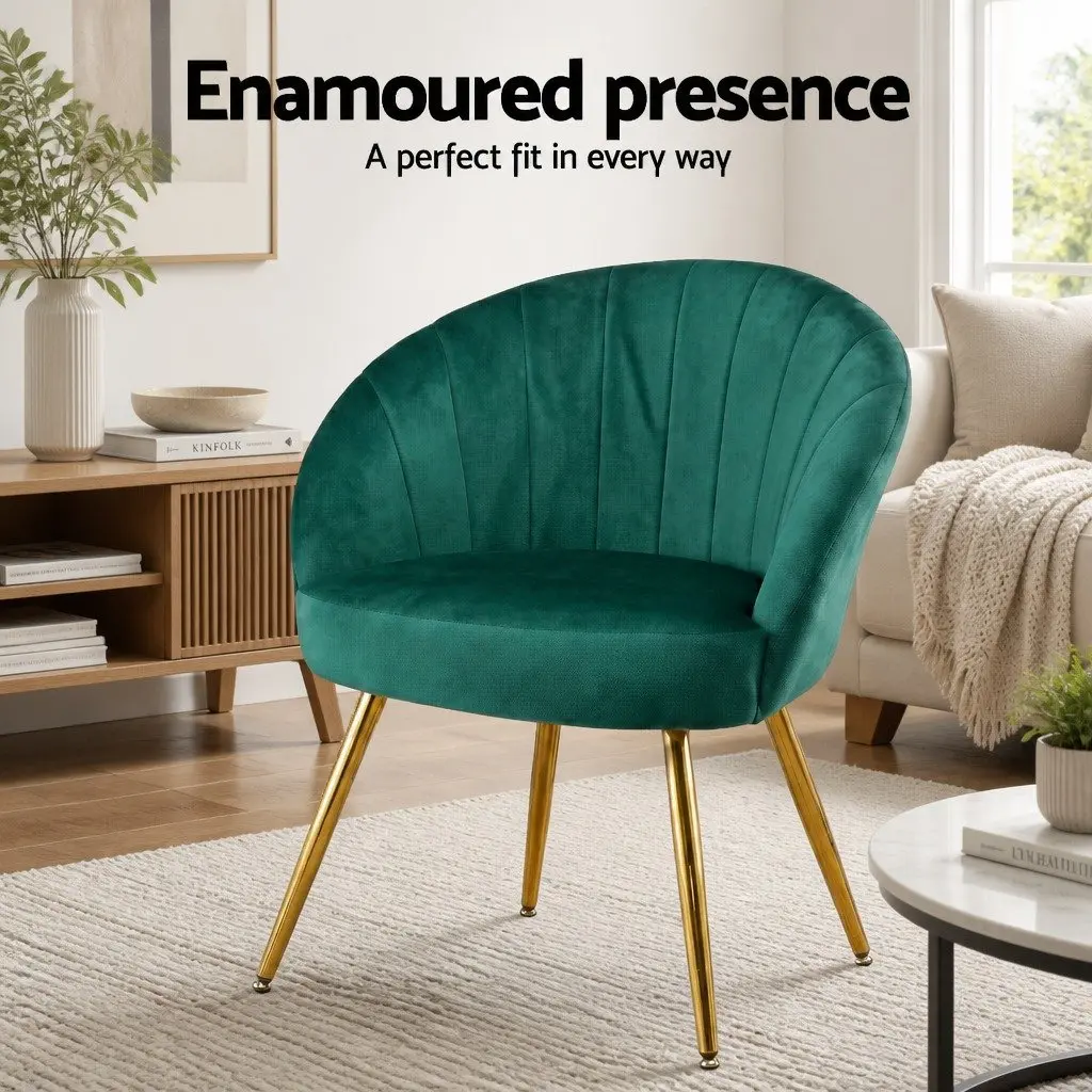 Green Velvet Armchair with Golden Legs High Resilience Foam Padded