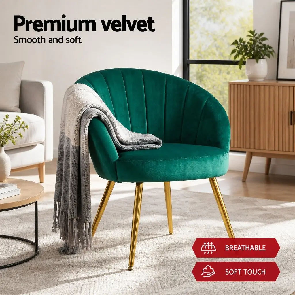 Green Velvet Armchair with Golden Legs High Resilience Foam Padded