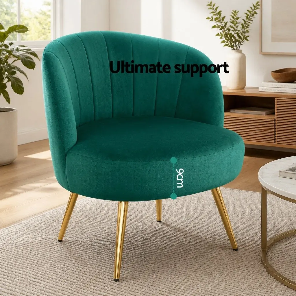 Green Velvet Armchair with Golden Legs High Resilience Foam Padded