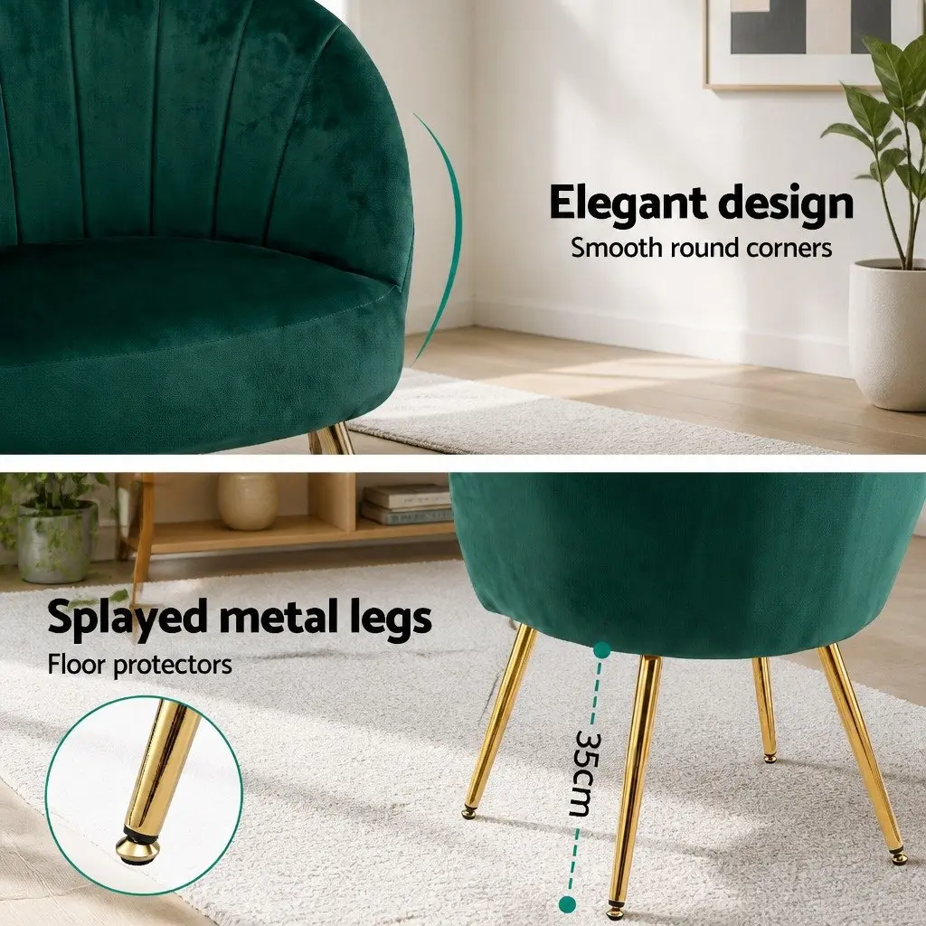 Green Velvet Armchair with Golden Legs High Resilience Foam Padded