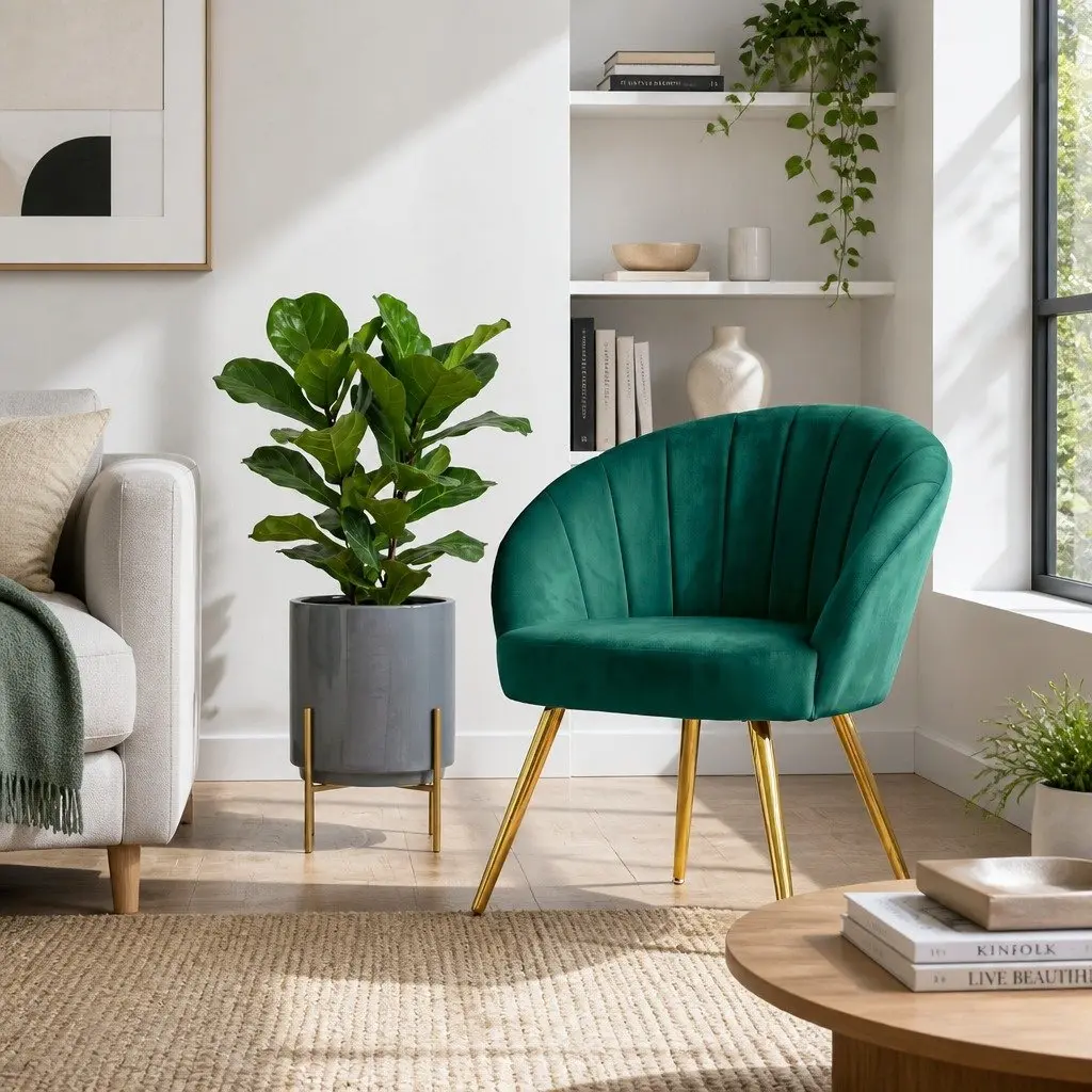 Green Velvet Armchair with Golden Legs High Resilience Foam Padded
