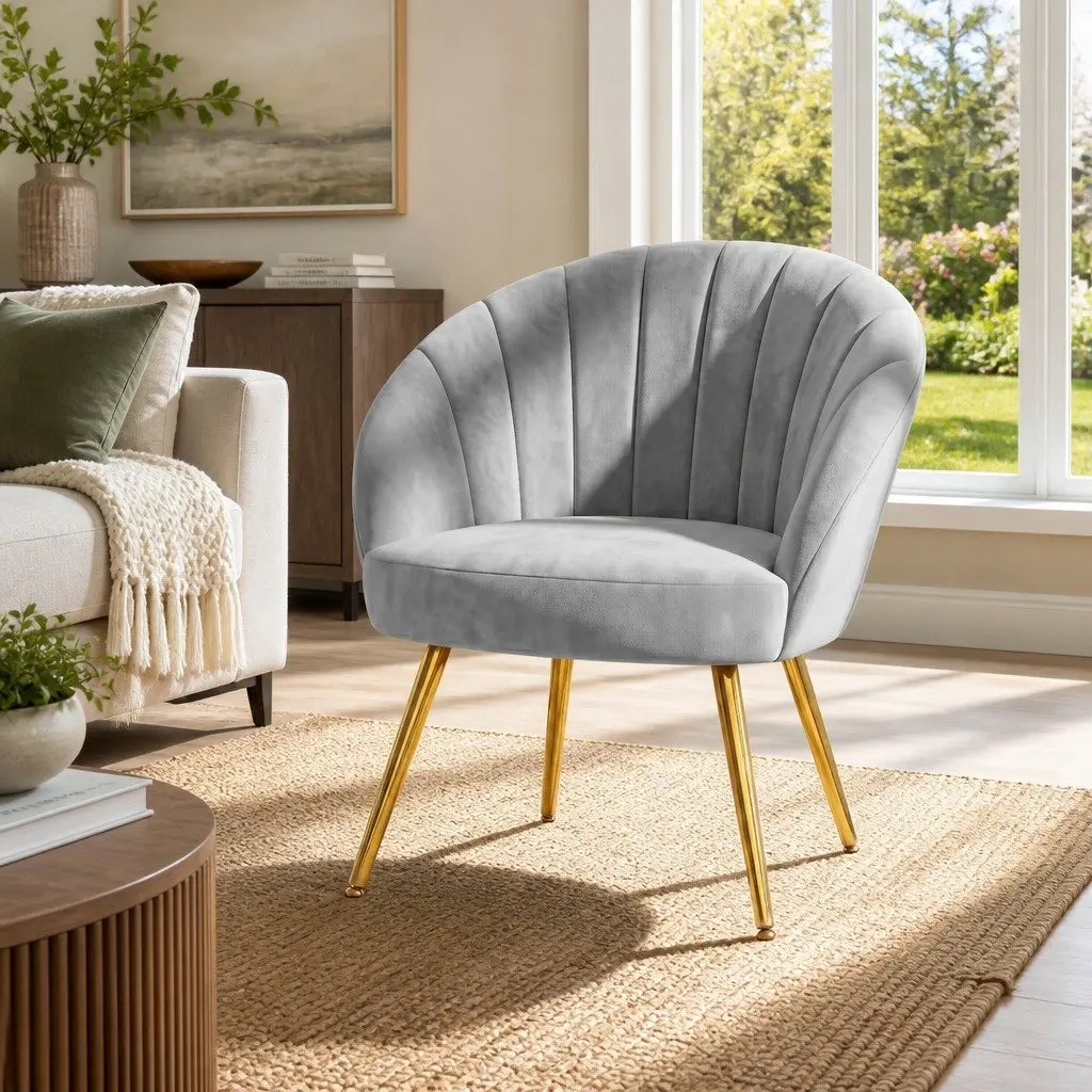 Grey Velvet Upholstered Armchair with Golden Legs