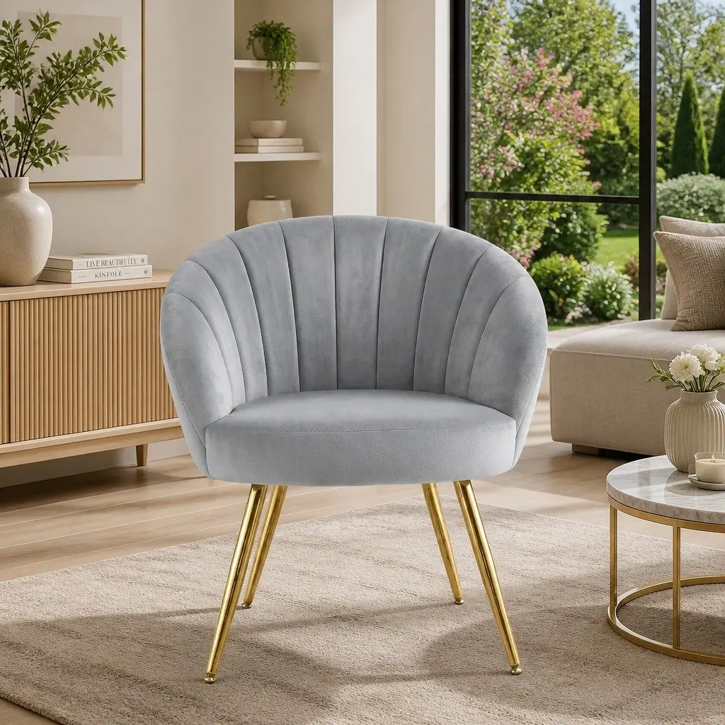 Grey Velvet Upholstered Armchair with Golden Legs