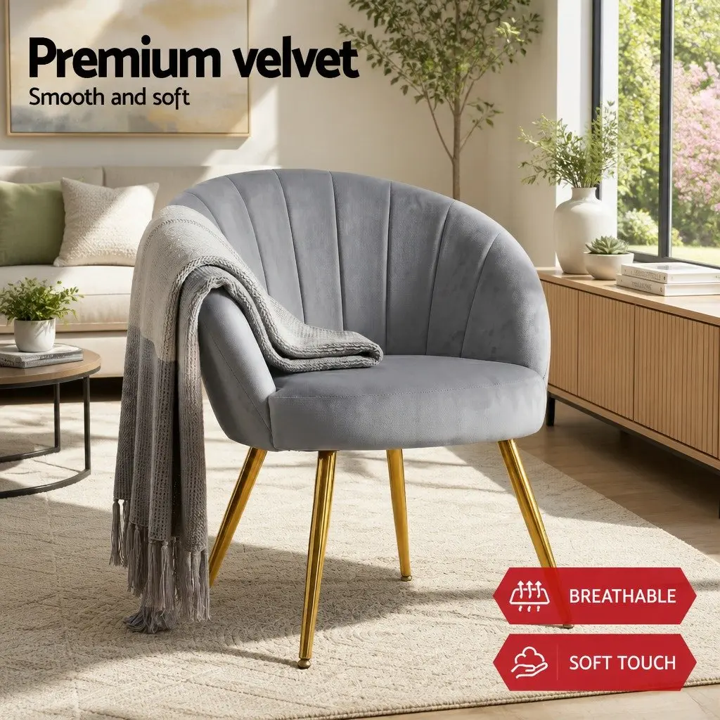 Grey Velvet Upholstered Armchair with Golden Legs