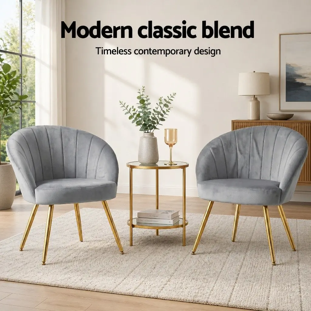 Grey Velvet Upholstered Armchair with Golden Legs