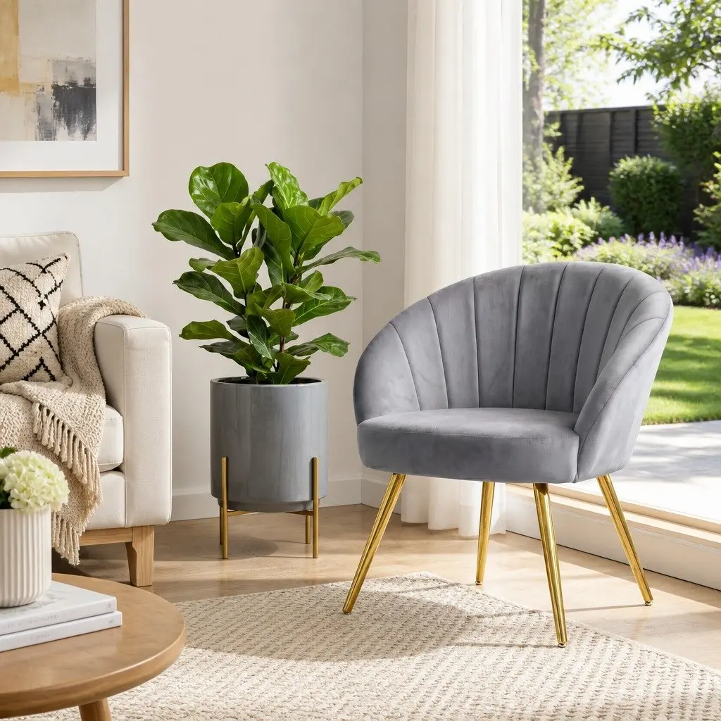 Grey Velvet Upholstered Armchair with Golden Legs
