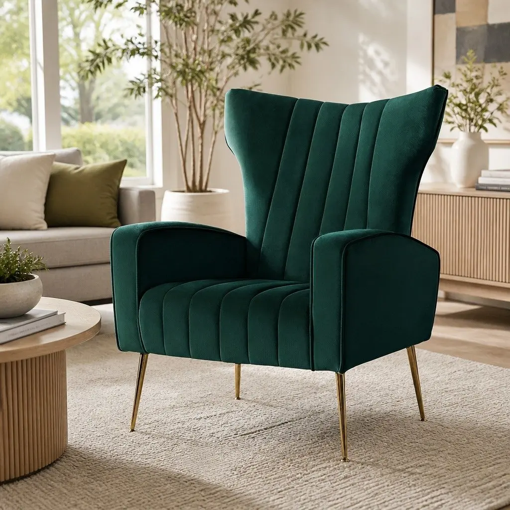 Green Velvet High Back Accent Chair with Metal Legs