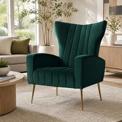 Green Velvet High Back Accent Chair with Metal Legs