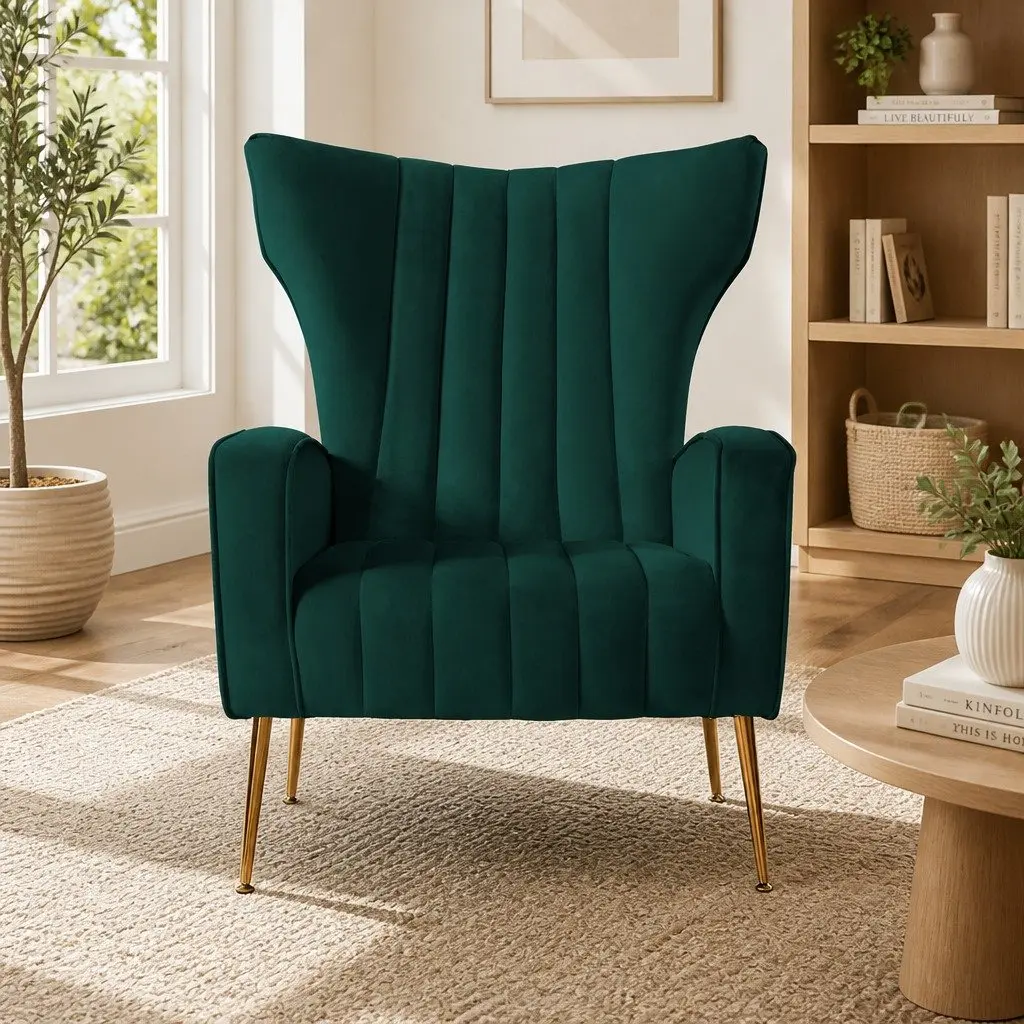 Green Velvet High Back Accent Chair with Metal Legs