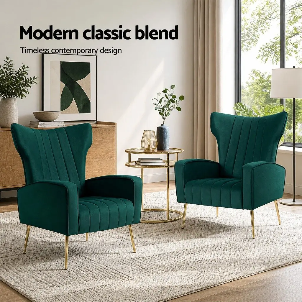Green Velvet High Back Accent Chair with Metal Legs