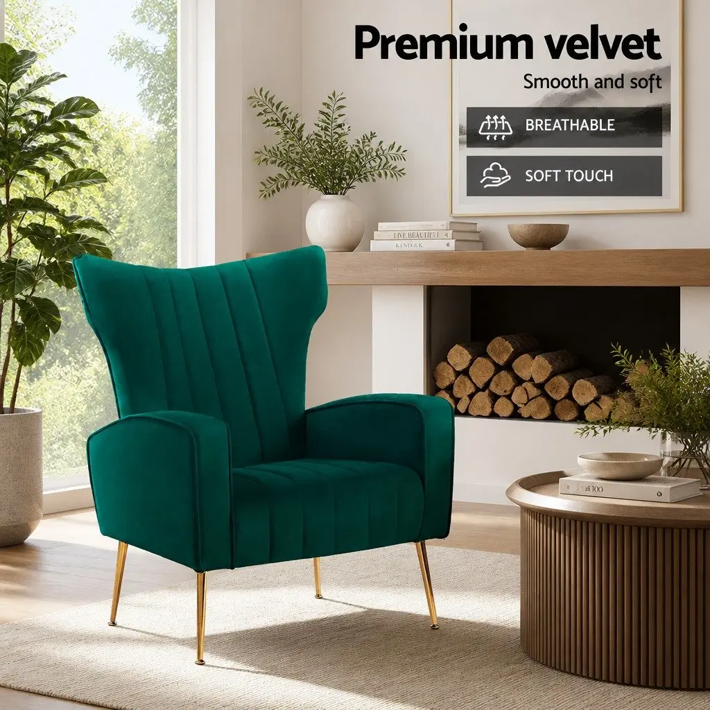 Green Velvet High Back Accent Chair with Metal Legs