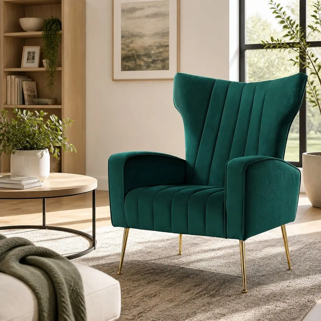 Green Velvet High Back Accent Chair with Metal Legs