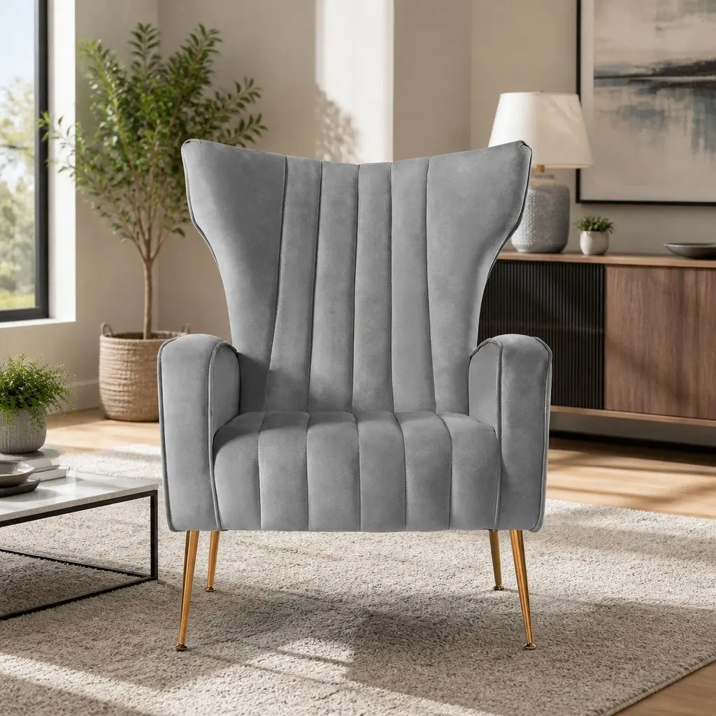 Armchair Grey Velvet High Back Extra Wide Seat with Splayed Metal Legs