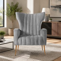 Grey Velvet Armchair With High Back and Wide Seat