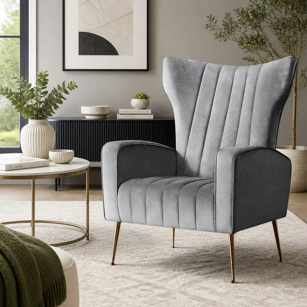 Armchair Grey Velvet High Back Extra Wide Seat with Splayed Metal Legs