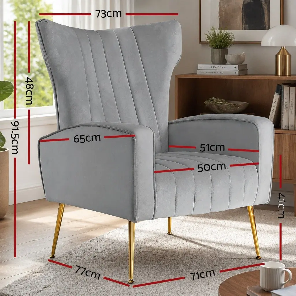 Armchair Grey Velvet High Back Extra Wide Seat with Splayed Metal Legs