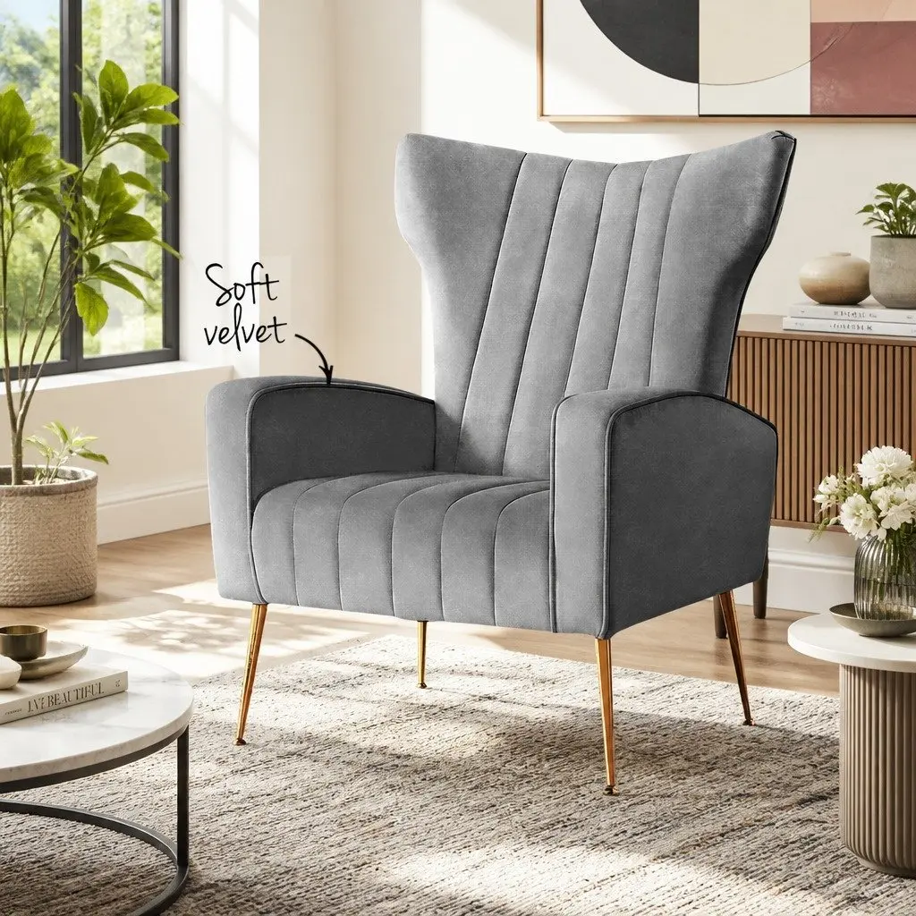 Armchair Grey Velvet High Back Extra Wide Seat with Splayed Metal Legs