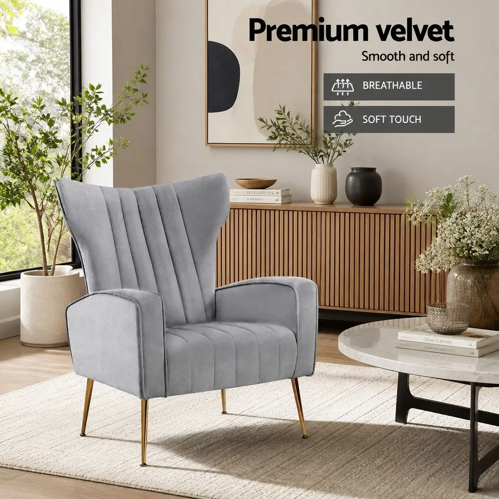 Armchair Grey Velvet High Back Extra Wide Seat with Splayed Metal Legs