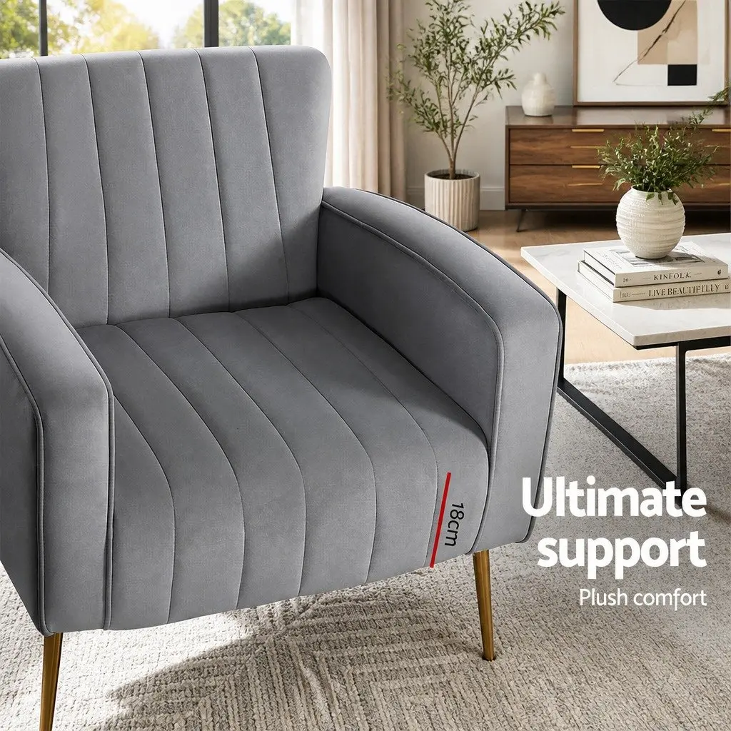 Armchair Grey Velvet High Back Extra Wide Seat with Splayed Metal Legs