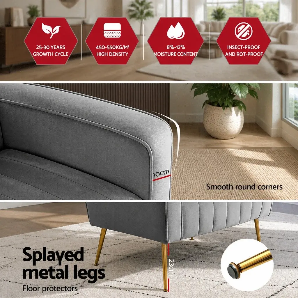 Armchair Grey Velvet High Back Extra Wide Seat with Splayed Metal Legs