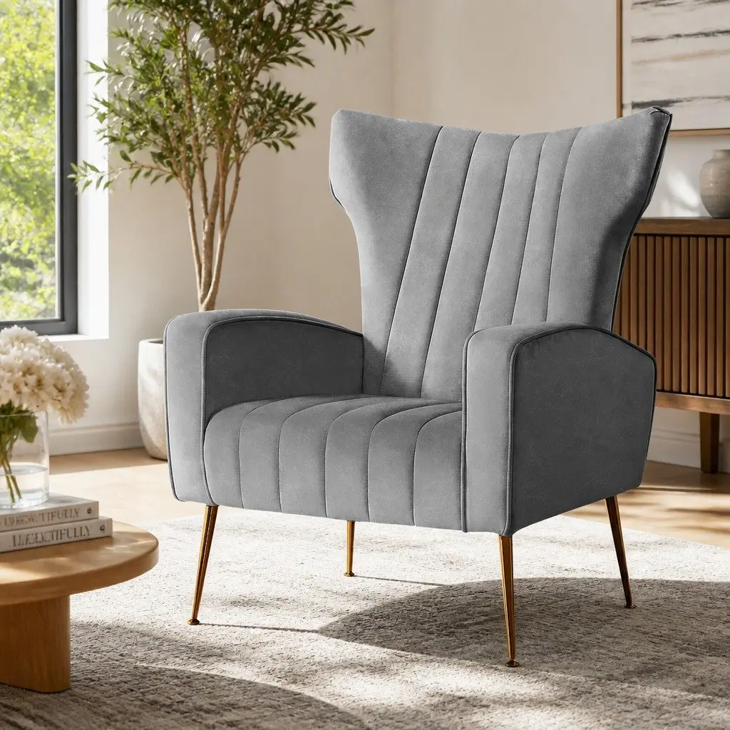 Armchair Grey Velvet High Back Extra Wide Seat with Splayed Metal Legs