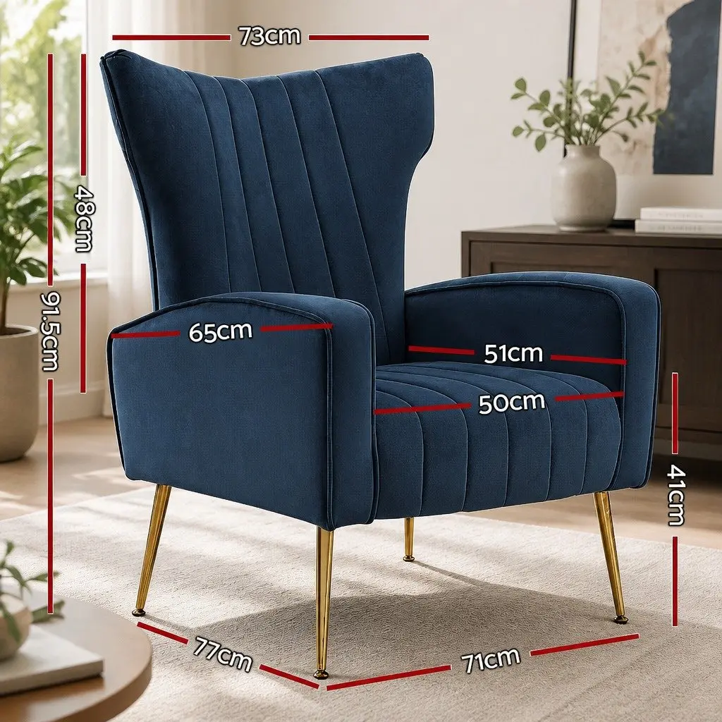 Armchair Navy Velvet High Back Wide Seat Wooden Frame Golden Legs