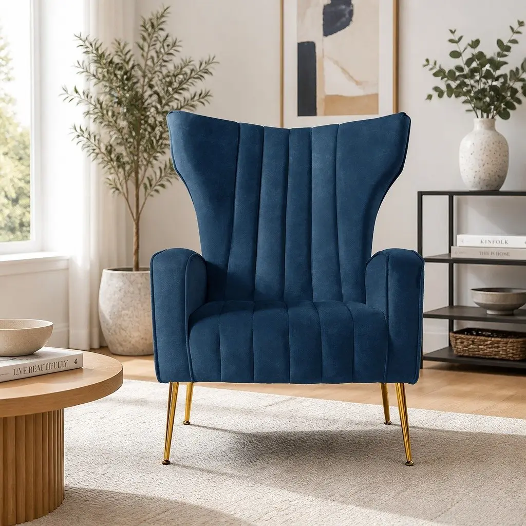 Armchair Navy Velvet High Back Wide Seat Wooden Frame Golden Legs
