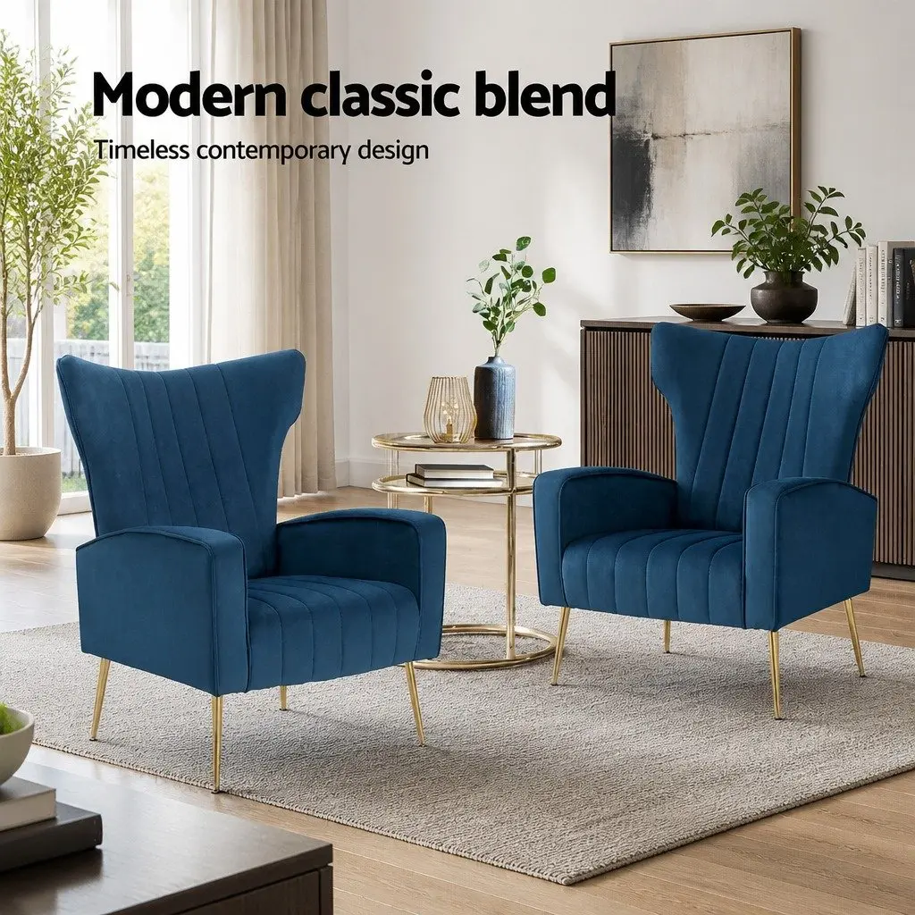 Armchair Navy Velvet High Back Wide Seat Wooden Frame Golden Legs