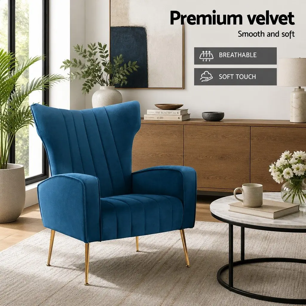 Armchair Navy Velvet High Back Wide Seat Wooden Frame Golden Legs
