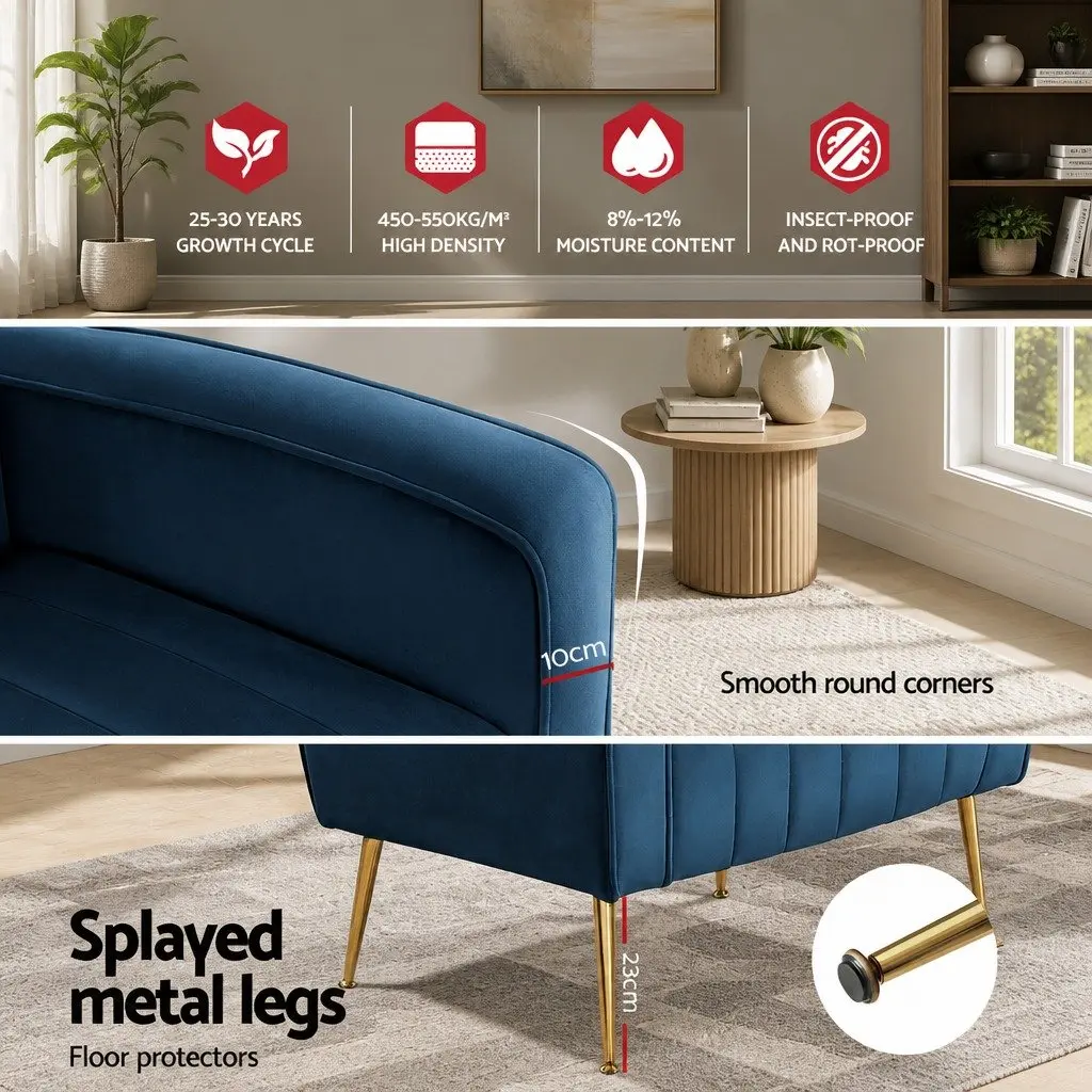 Armchair Navy Velvet High Back Wide Seat Wooden Frame Golden Legs