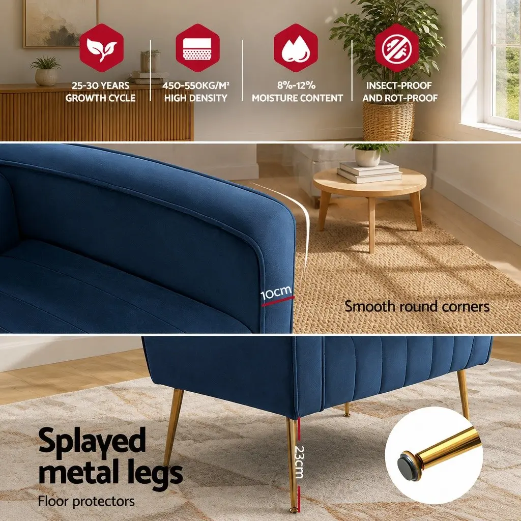 Armchair Navy Velvet High Back Wide Seat Wooden Frame Golden Legs