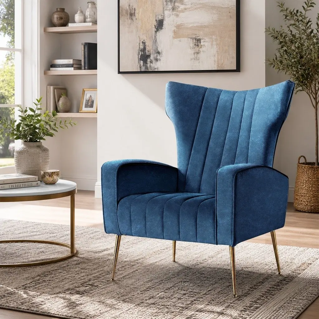 Armchair Navy Velvet High Back Wide Seat Wooden Frame Golden Legs