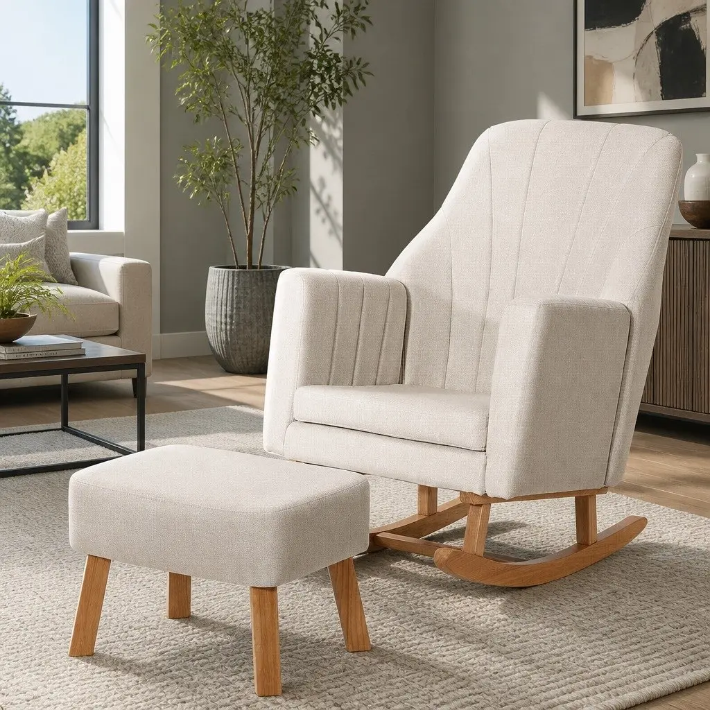 Beige Linen Rocking Chair with Footrest