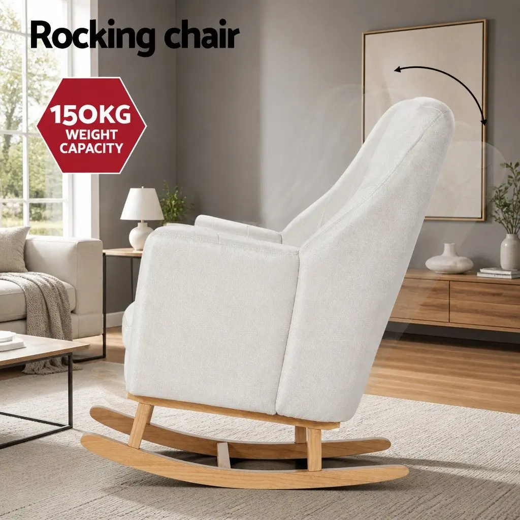 Beige Linen Rocking Chair with Footrest