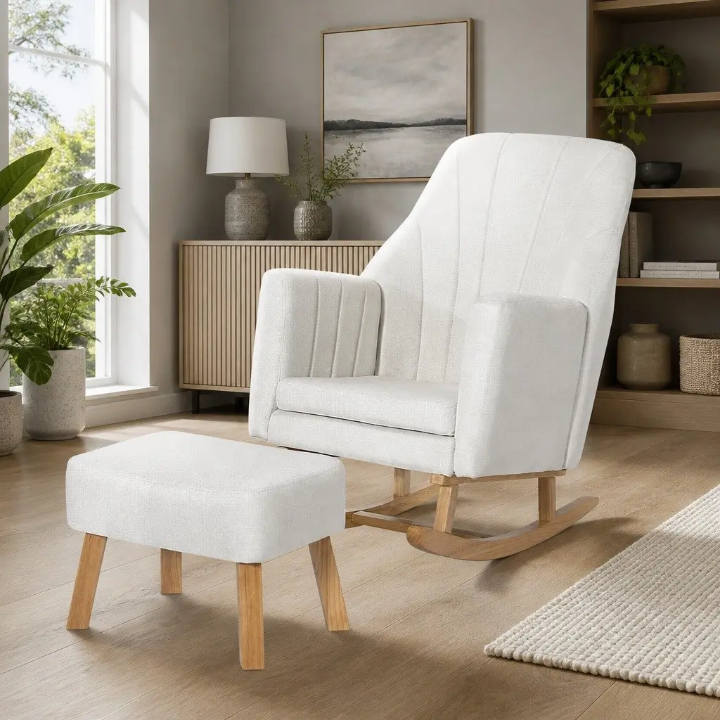 Beige Linen Rocking Chair with Footrest
