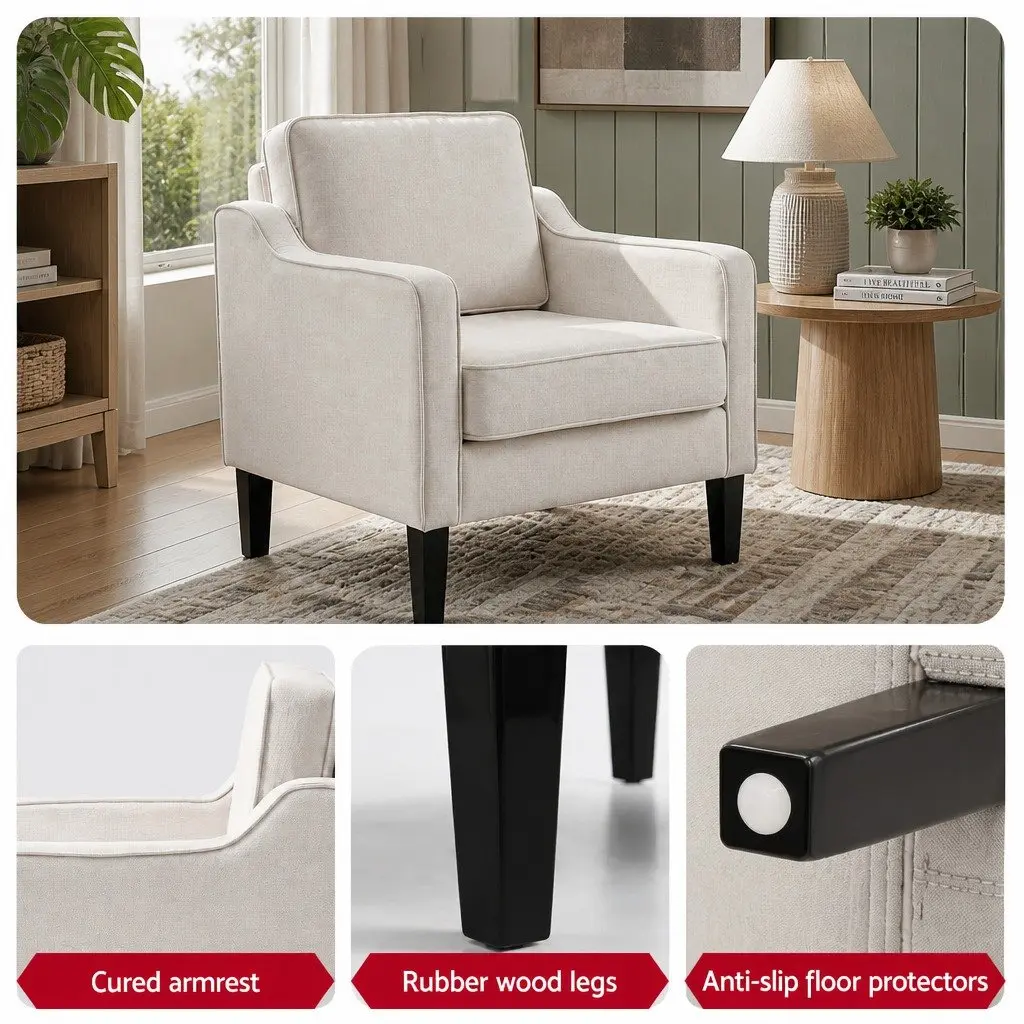 Armchair Linen Fabric Curved Armrest Thick Cushion Home