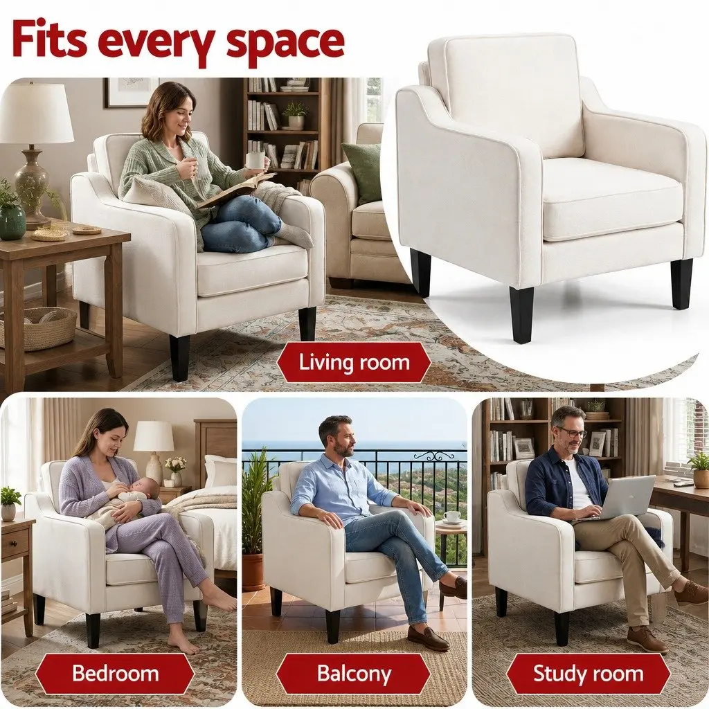 Armchair Linen Fabric Curved Armrest Thick Cushion Home