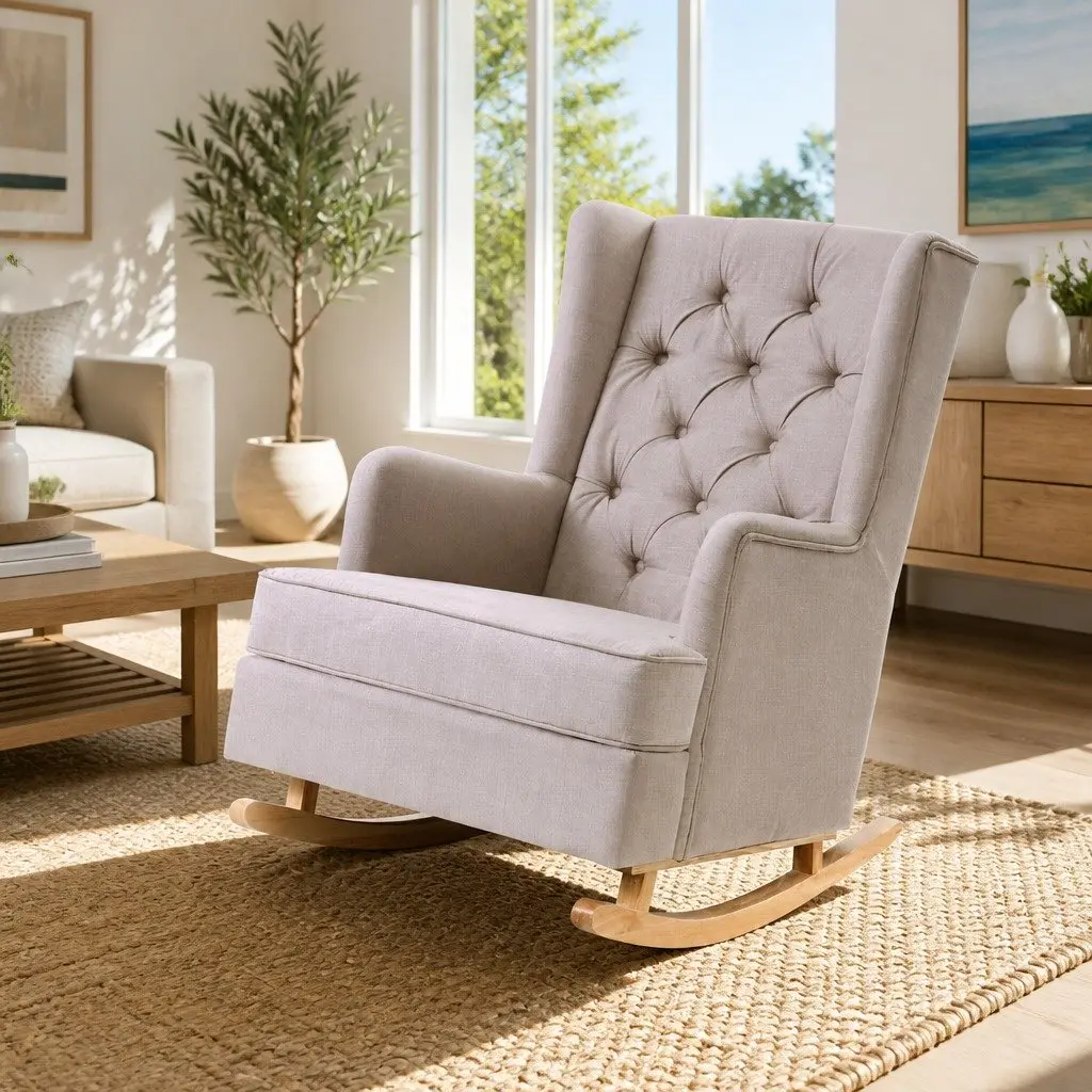Beige Linen Fabric Convertible Rocking Chair